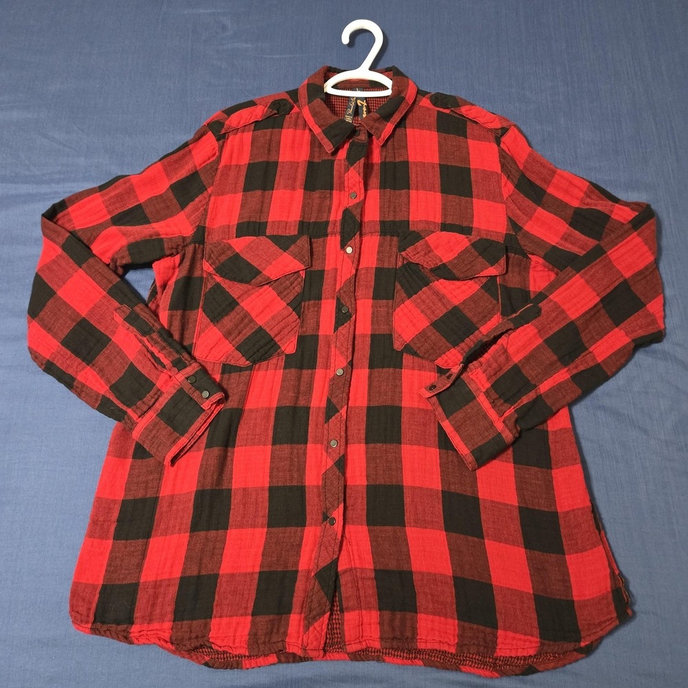 Seven7 Shirt Womens Large Red Black Plaid 100% Cotton Flannel Roll Tab Tunic Top